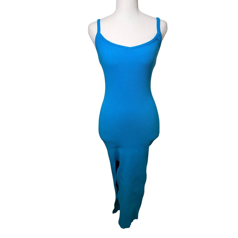 Windsor Turquoise Ribbed Knit Bodycon Maxi Dress Spaghetti Strap Slit